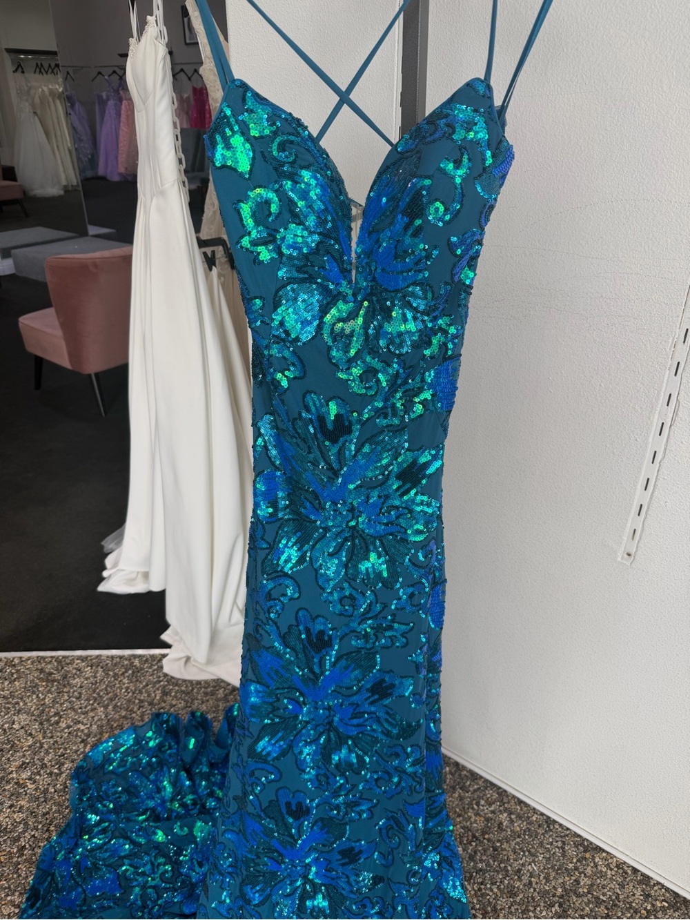 Blue Sequin Mermaid Prom Dress with Spaghetti Straps - Picture 4 of 6